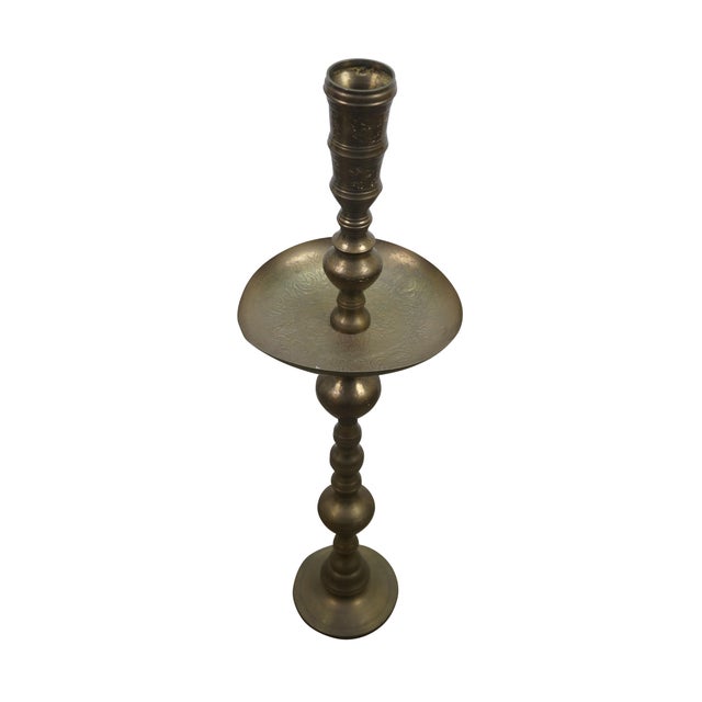 Moroccan Mid 20th Century 2 Moroccan Etched Brass Altar Floor Candlesticks Candle Holders 36" For Sale - Image 3 of 13