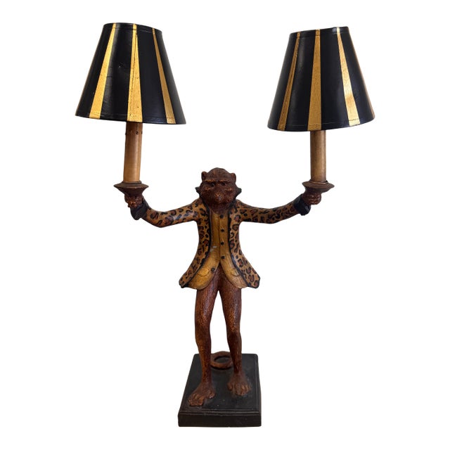 Late 20th Century Bill Huebbe Signed Monkey Double-Arm Table Lamp With Leopard Coat For Sale