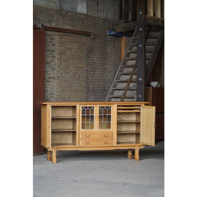 Gold Danish Oak Sideboard with Leaded Glass Doors by Henning Kjærnulf, Denmark, 1960s For Sale - Image 8 of 18