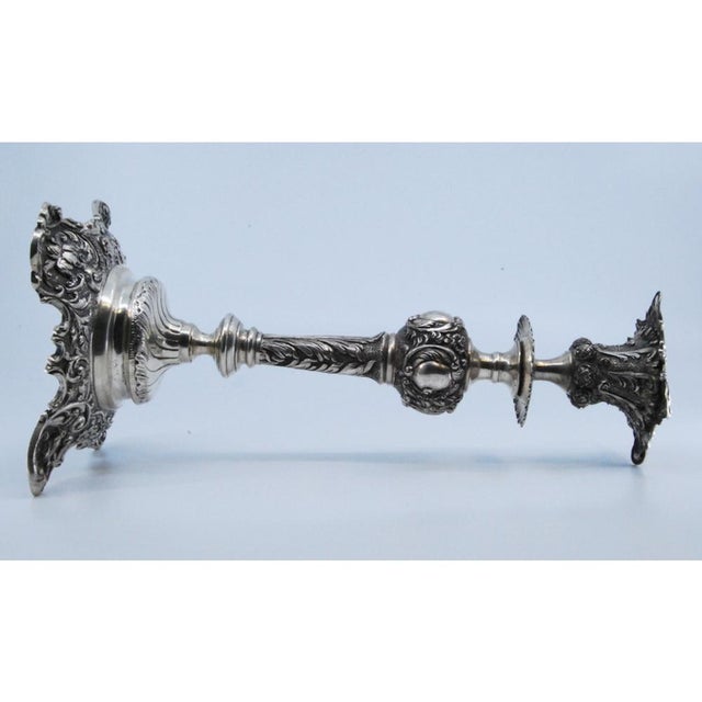 Silver Embossed Silver Candlestick with Square Base and Cut-Out Supports For Sale - Image 8 of 11