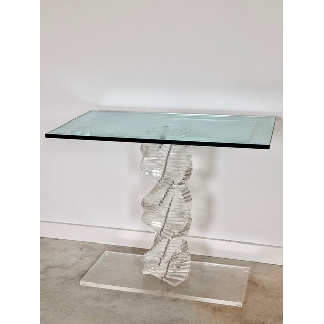 Postmodern Lucite Helix Console Table With Custom Glass Top, Post Modern 1980s Handmade For Sale - Image 3 of 17