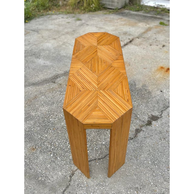 Boho Chic Modern Spilt Reed Console Table With Geometric Motif For Sale - Image 9 of 13