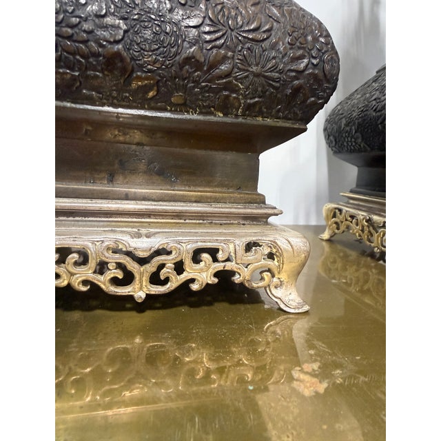 Pair, Aesthetic Movement Style East Asian Bronze Floral-Repoussé Table Lamps For Sale In Providence - Image 6 of 10