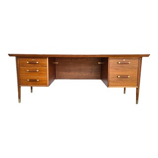 Mid 20th Century Walnut Executive Desk With Wood and Brass Handles For Sale