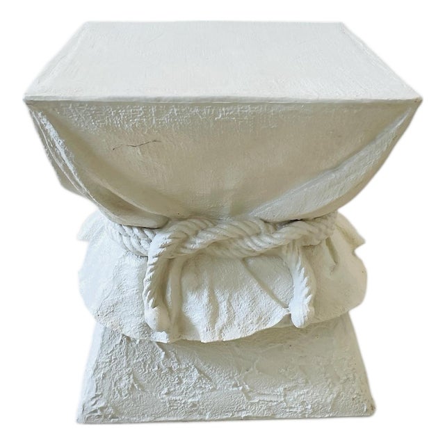 Vintage Trompe-L’Oeil Draped Fabric Pedestal Side Table – John Dickinson Style, 1970s Sculptural Accent For Sale