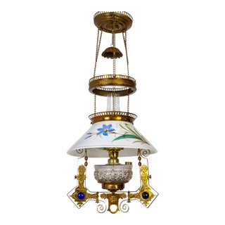 Late 19th Century Aesthetic Movement Copper, Brass, Painted Glass Library Oil Lamp Pendant Light For Sale