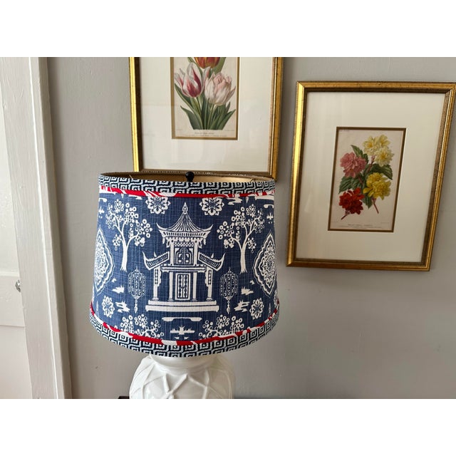 Vintage White Ceramic Bamboo Patterned Lamp With Fabric Shade For Sale - Image 4 of 10