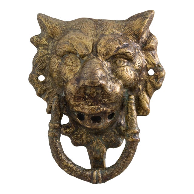Vintage Brass Lion Door Knocker With Attached Strikeplate For Sale