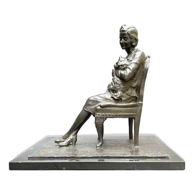 Leonardo Secchi, Lady Seated with Dog, 1942, Bronze and Marble For Sale