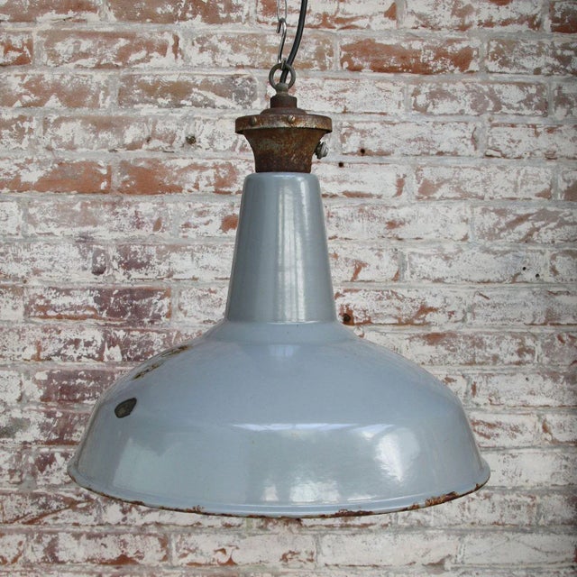 Vintage Industrial British Gray Enamel Pendant Lamp For Sale - Image 4 of 5