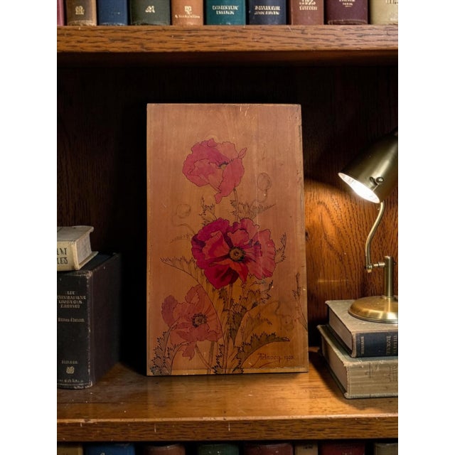 1903 French Art Nouveau Pyrography and Hand-Painted Wood Panel by Abel Trinocq, Signed and Dated. For Sale - Image 10 of 10
