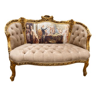 1970s French Louis XVI Tan Velvet Gold Settee For Sale