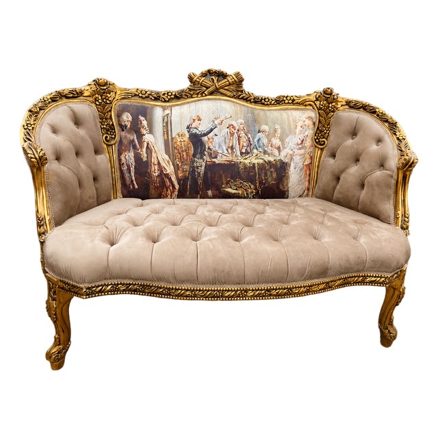 1970s French Louis XVI Tan Velvet Gold Settee For Sale