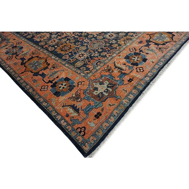1960s Blue Geometric Vintage Turkish Village Rug 12'6"x14'8" Knotted Wool Carpet For Sale - Image 10 of 12