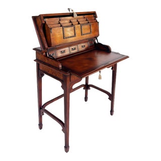 Theodore Alexander Burlwood Leather Flip Desk, Cubby Holes and Keyed Drawer For Sale