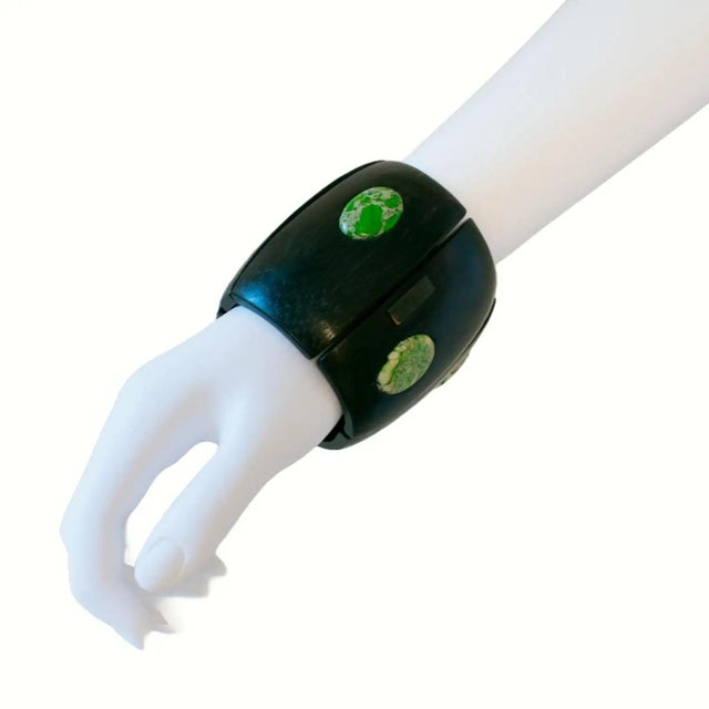 Black Monies Massive Ebony Wood and Stone Cabochons Stretch Bracelet Bangle For Sale - Image 8 of 15