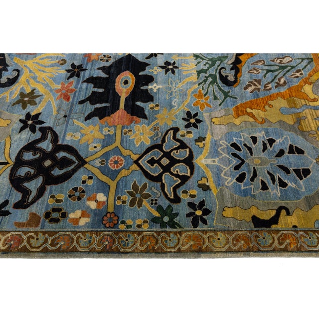 2010s Modern Blue and Gold Bidjar Style Hand-Knotted Wool Rug With Palmette Motifs For Sale - Image 5 of 11
