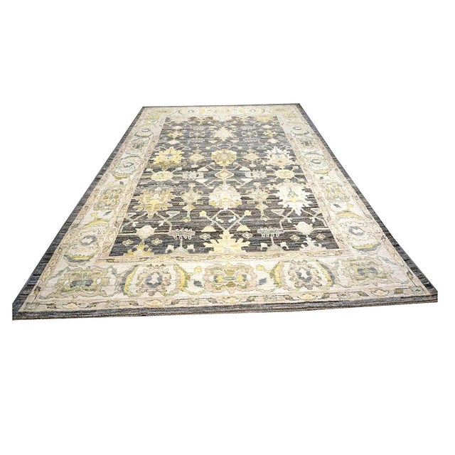 21st Century Turkish Oushak Wool 9x14 Charcoal, Ivory & Yellow Handmade Area Rug #1144102 For Sale - Image 4 of 11