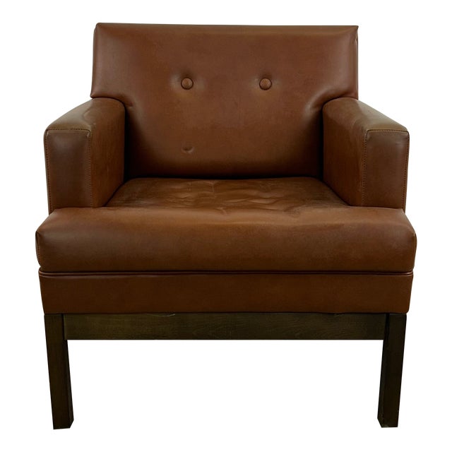 Mid Century Modern Brown Vinyl Lounge Chair With Walnut Base For Sale