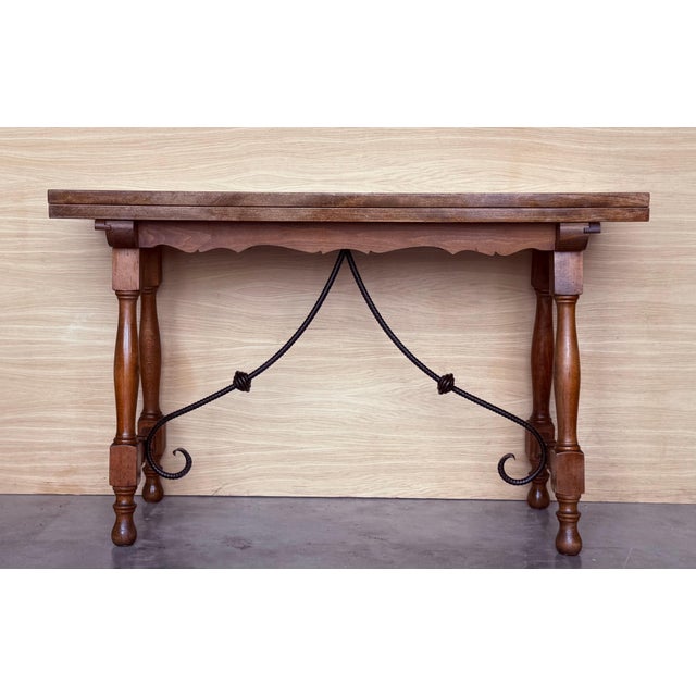 20th Century Spanish Console Fold Out Farm Table with Wood Stretcher For Sale - Image 16 of 18