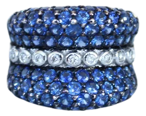 Round Diamond Bezel Set Blue Sapphire Pave Set 18 Karat White Gold Unique Ring, Size 7