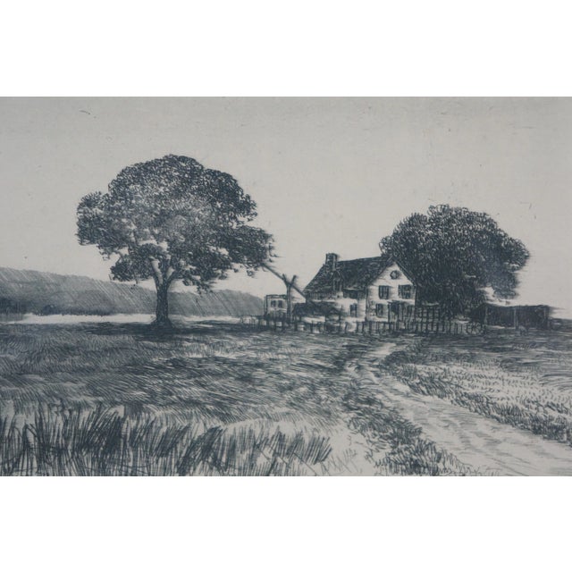 Antique Country Farmhouse Hay Field Harvesting Crops Landscape Etching 25" For Sale - Image 4 of 8