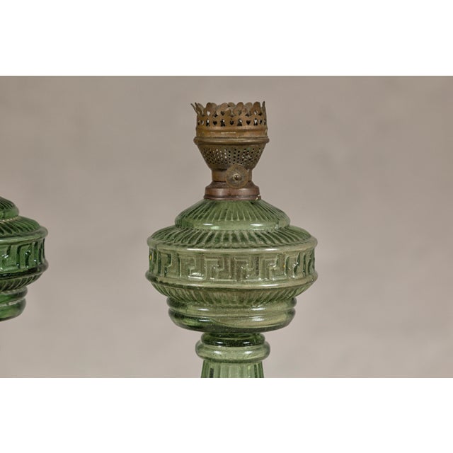 Green Glass Gas Lights with Meander Friezes, a Vintage Near Pair For Sale - Image 12 of 12