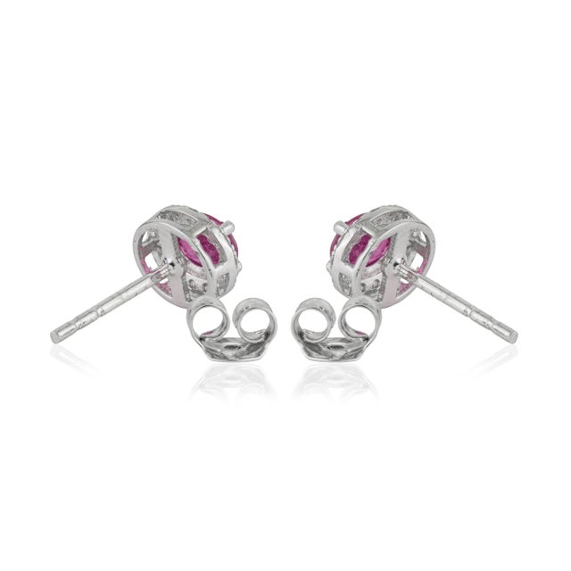 18k White Gold Natural Oval-Cut Vivid Red Ruby & Diamond Halo Stud Earrings- A Pair For Sale - Image 9 of 15