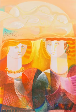 'Lovers Beneath a Tree of Doves' by Vittorio Maria Di Carlo, New Figurative Movement, Italian Modernist Oil