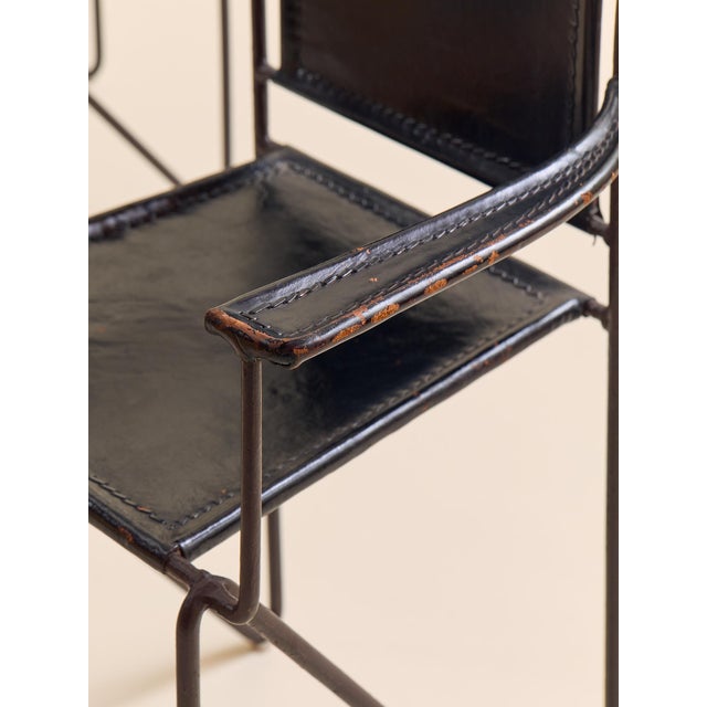 Metal The Vintage Spanish Wrought Iron & Leather Scroll-Back Armchair, Pair For Sale - Image 7 of 17