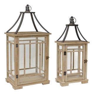 Natural Wood Lantern with Open Metal Lid (Set of 2) For Sale