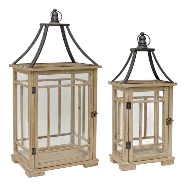 Natural Wood Lantern with Open Metal Lid (Set of 2) For Sale