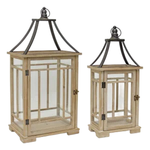 Natural Wood Lantern with Open Metal Lid (Set of 2)