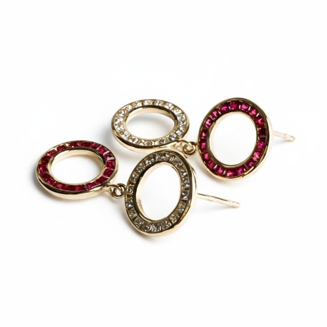 Metal 14k Yellow Gold Ruby and Diamond Circle Drop Earrings, 0.65ct, Pair For Sale - Image 7 of 7
