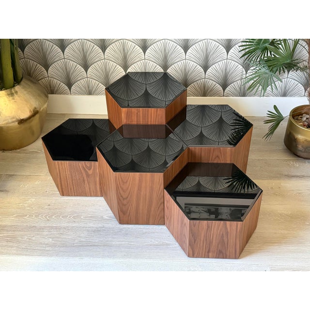 Mid-Century Modern-Style Modular Geometric Hexagonal Walnut and Glass Coffee Table or Pedestal Side Tables Attributed to...