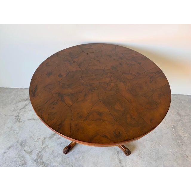 Brown Vintage English Style Round Dining Table With Patchwork Burl Walnut Veneer Top & Carved Pedestal Base For Sale - Image 8 of 12