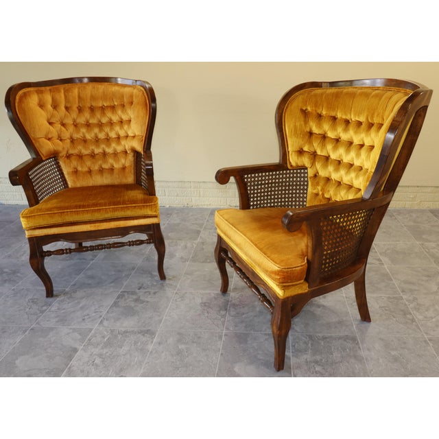 Pair of Monumental 1970s Cane and Gold Velvet Horseshoe Wingback Chairs For Sale - Image 10 of 17