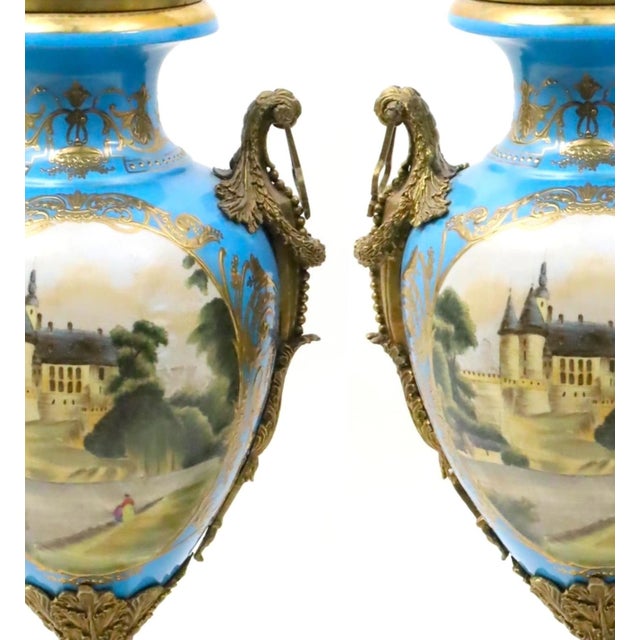 Metal 19th Century French Bronze Mounted Porcelain Covered Urns, Robin’s Egg Blue For Sale - Image 7 of 11