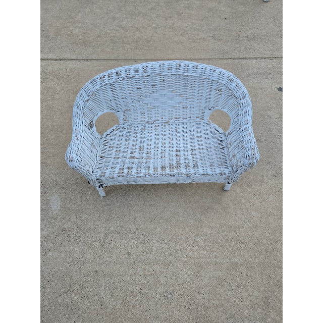 Shabby Chic Vintage Shabby Chic White Wicker Doll Settee - Miniature Boho Loveseat For Sale - Image 3 of 10