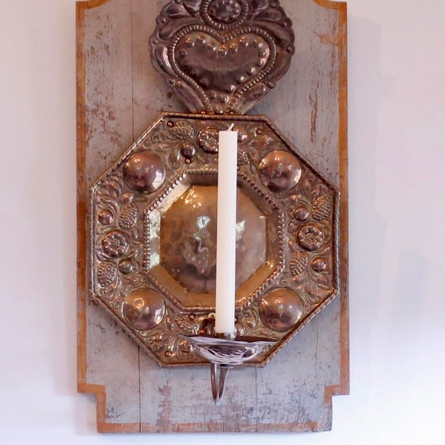 19th Century Antique Candle Sconces, Dutch Repoussée Brass and Copper Mounted on Painted Backboards - A Pair For Sale - Image 5 of 11