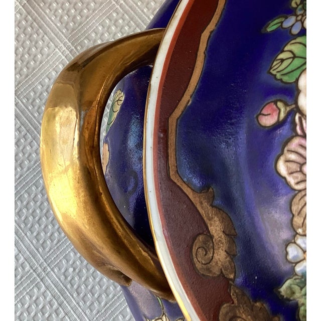 Royal Blue Vintage Chinese Porcelain Tureen, Hand Painted, Royal Blue & Gold Floral For Sale - Image 8 of 12