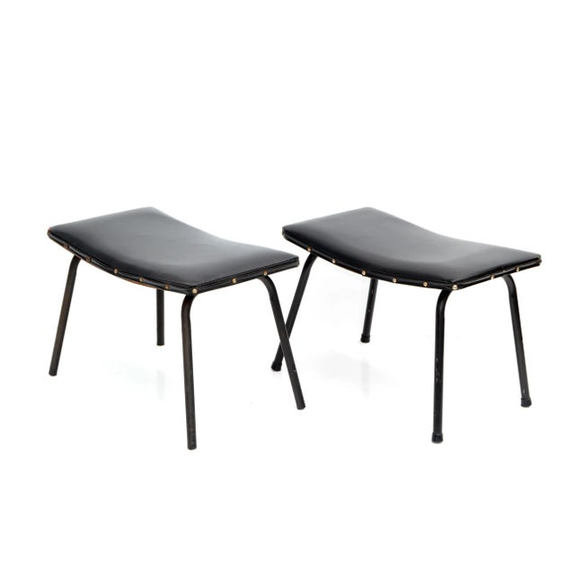 Mid-Century Modern Pierre Guariche French Black Benches Steel & Distressed Faux Leather 1960 - A Pair For Sale - Image 3 of 12