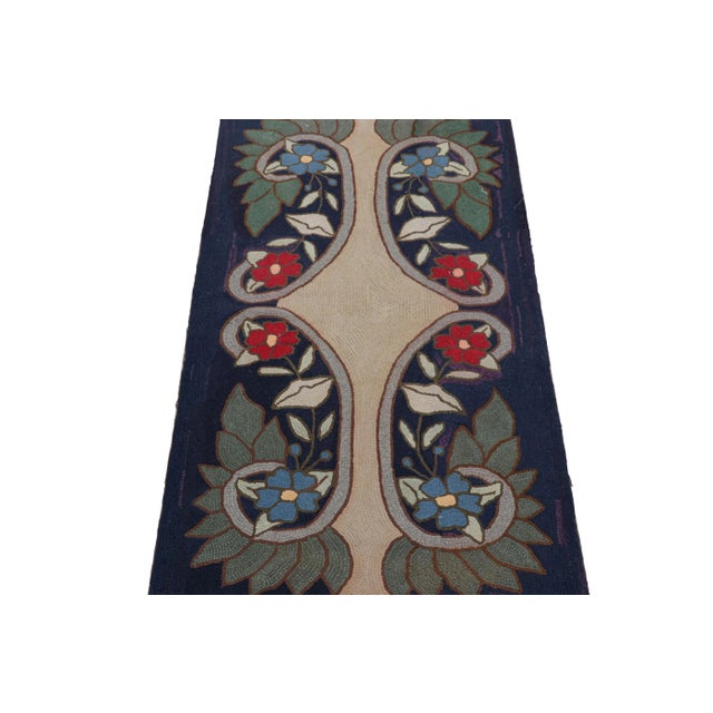 1920s Antique Hooked Rug in Navy Blue With Medallion and Florals From Rug & Kilim For Sale - Image 5 of 7