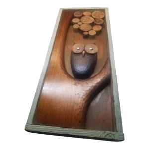 Vintage MCM 3d Handcrafted Wood Owl Motif Picture