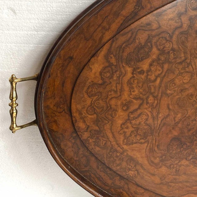 Large English Georgian Style Burled Walnut and Brass Oval Gallery Serving Tray For Sale - Image 16 of 16