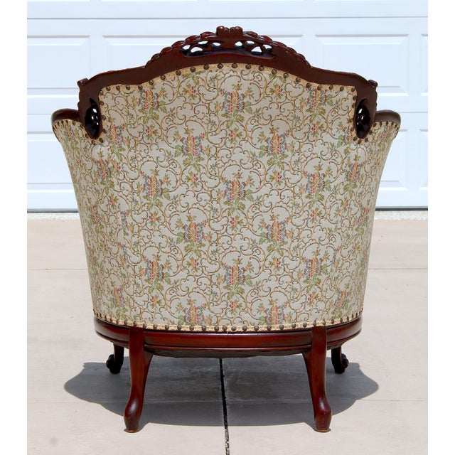 Cream Antique French Louis XV Style Bergère Armchair – Hand-Carved Mahogany, Tufted Floral Upholstery, C. Late 19th Century For Sale - Image 8 of 18