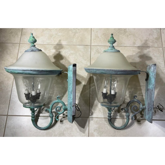 Pair of Vintage Solid Brass Outdoor Sconces - Large Verdigris Patina Lanterns For Sale - Image 14 of 16