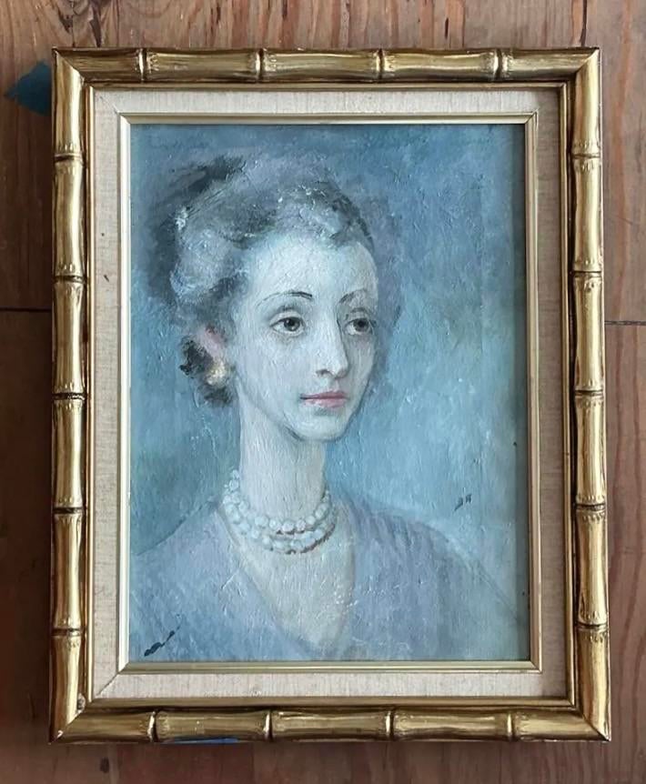 Vintage Original Portrait of Woman on Canvas - Top view