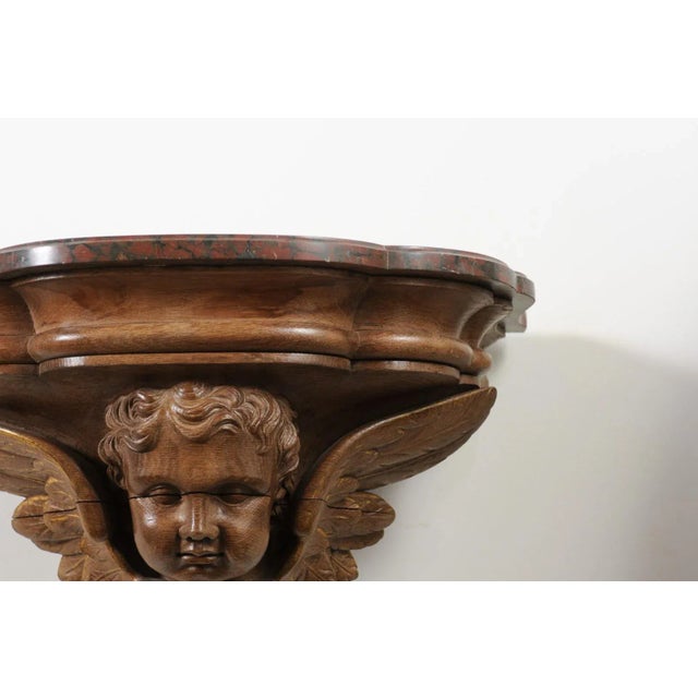 French 1880s Carved Walnut Brackets with Cherubs and Faux Marble Tops- a Pair For Sale - Image 12 of 13