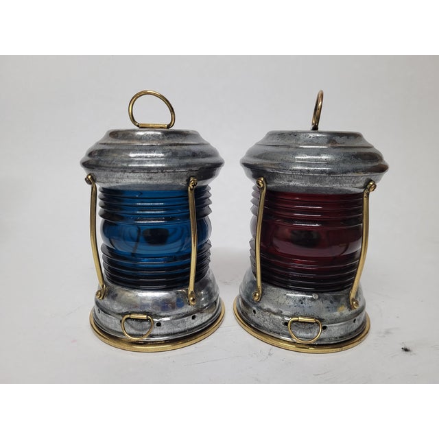 Early 20th Century Pair of Red and Blue Lens Boat Lanterns For Sale - Image 5 of 10